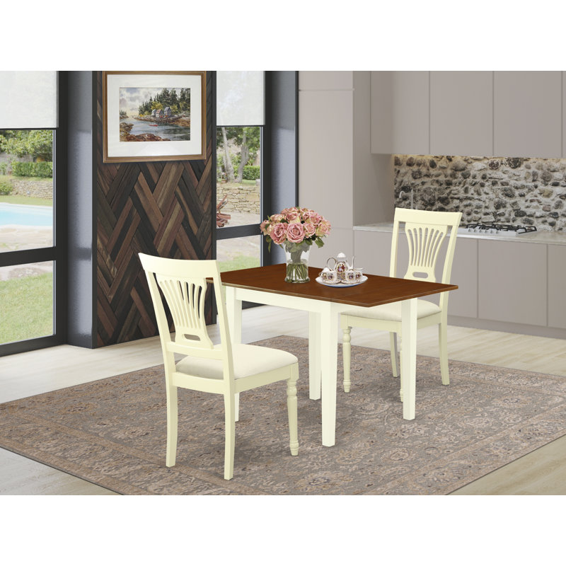 3 Piece Kitchen Table Set for Small Spaces Contains a Rectangle Table with Dropleaf and 2 Linen Fabric Dining Chairs, Buttermilk & Cherry