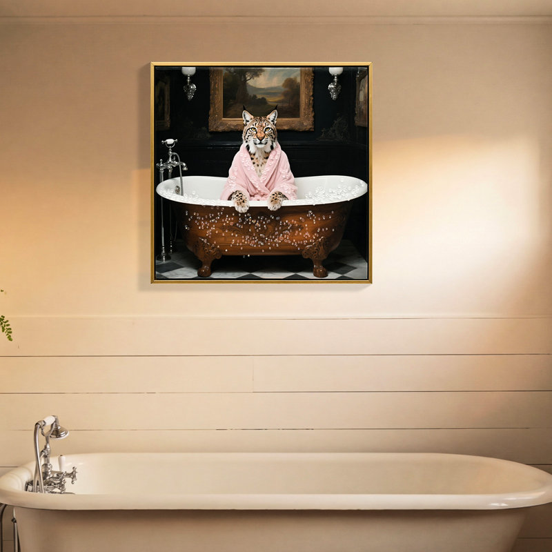 «Playful Tiger», affiche d'art mural - 16 po x 16 po, cadre noir, couleurs délavées, crochets préinstallés portant un peignoir, impression sur toile imperméable, décorée à la main en 3D, idéale pour la décoration