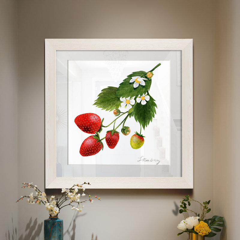 Strawberry Study II, reproduction d’art encadrée, H 17 po x l 17 po x P 1,5 po, Tapis gris, Papier avec cadre blanc