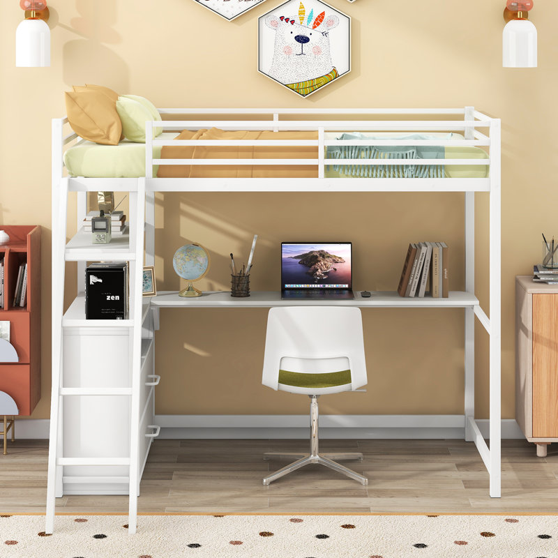 Lit mezzanine simple en métal et bois avec bureau et tablettes, deux tiroirs intégrés, blanc