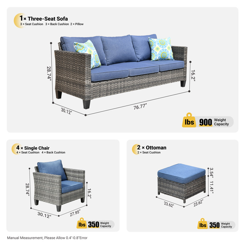Allcot Wicker/Rattan 7 - Person Seating Group With Cushions, Denim Blue