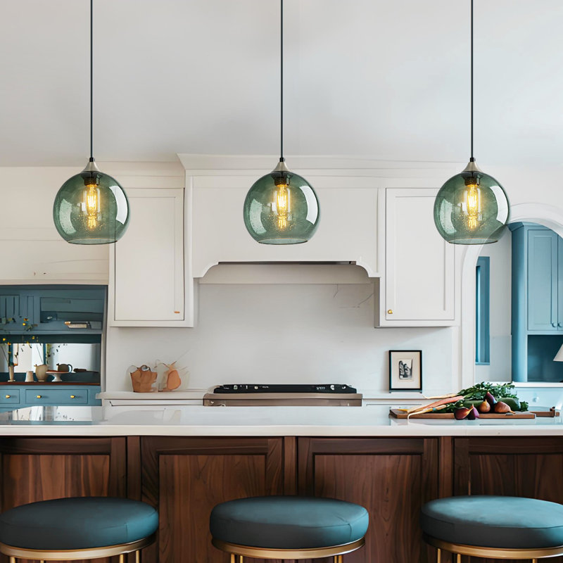 Charolyn 3 - Light Single Pendant Light Globe Pendant Light Fixtures Glass Pendant Lights Kitchen Island Lighting, Gray Green