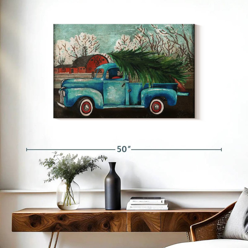 Camion bleu Mehar et arbre I, H 24 po x l 36 po