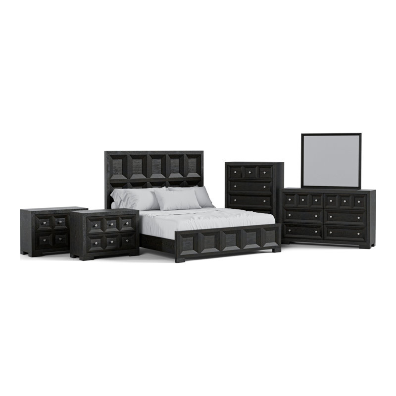 Ensemble de chambre à coucher 6 pièces Schell, Noir, Très grand, 6 Pcs: Bed, 2 Nightstands,Dressers,Chest, Mirror