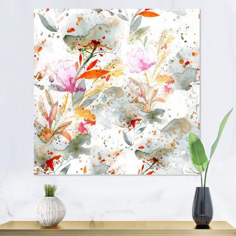 Herbe et plumes en couleurs d'automne I - Peinture sur toile, H 30 po x l 30 po, Toile tendue