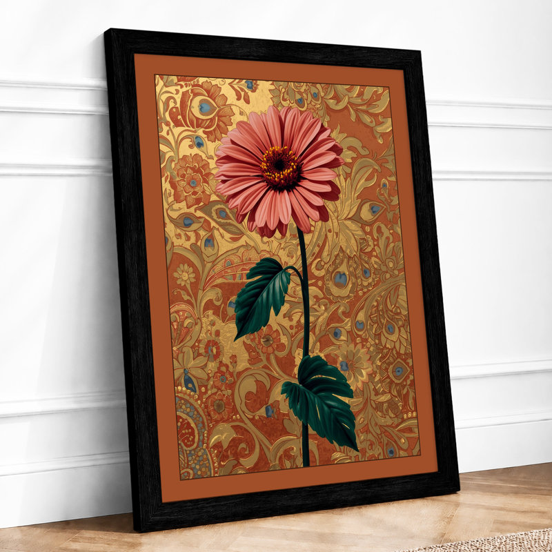 Pink Gerbera on Gold Botanical - Framed Print, A1 - 84.1 x 59.4 cm, Black