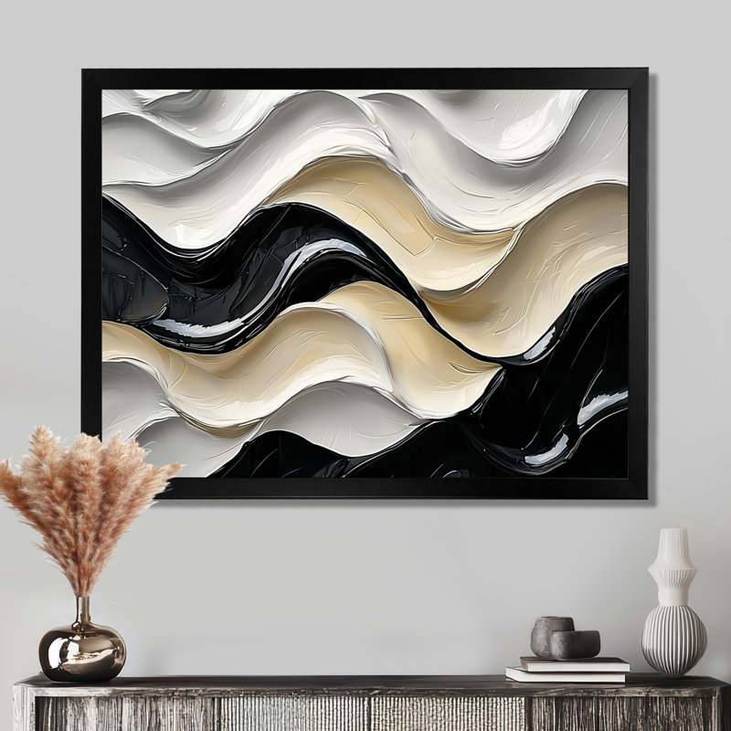 Vagues parallèles de noir et de crème Fusions II - réalisme abstrait, art mural, H 30 po x l 40 po, Cadre simple, Noir