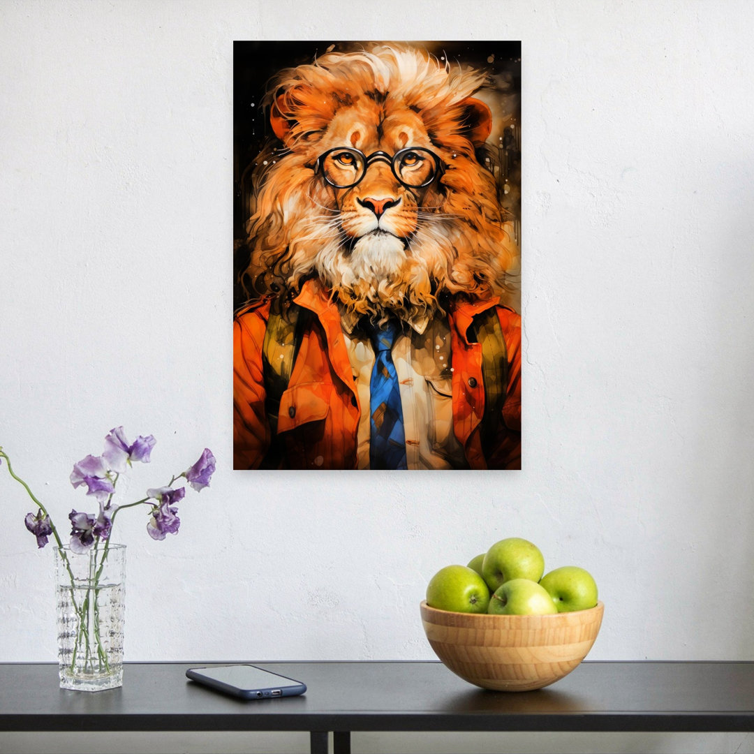 Intellectual Lion Portrait Whimsical Contemporary Lion Portrait Wildlife Wall Art Print