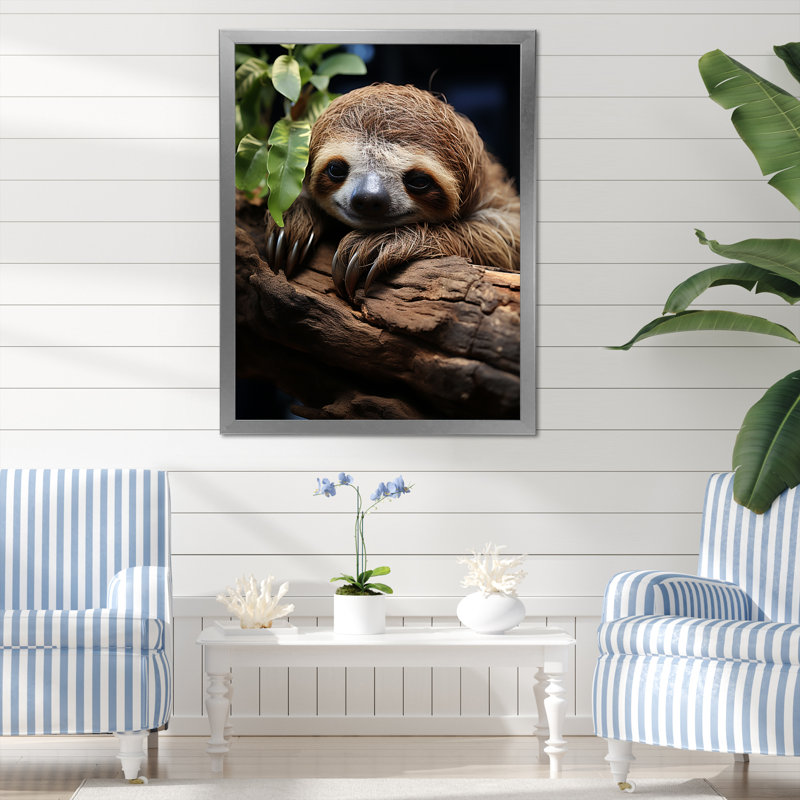 Rustic Repose Sloth sur toile, H 32 po x l 16 po x P 1 po, Cadre simple argenté