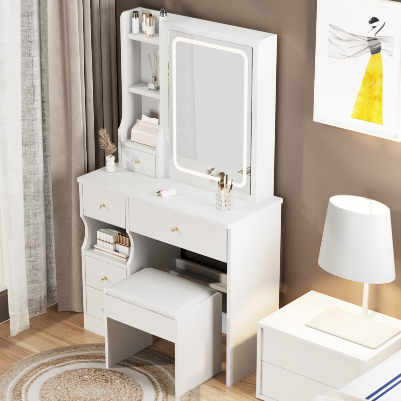 Left Drawer Desktop Makeup Vanity Table With LED Lights And Stool, White