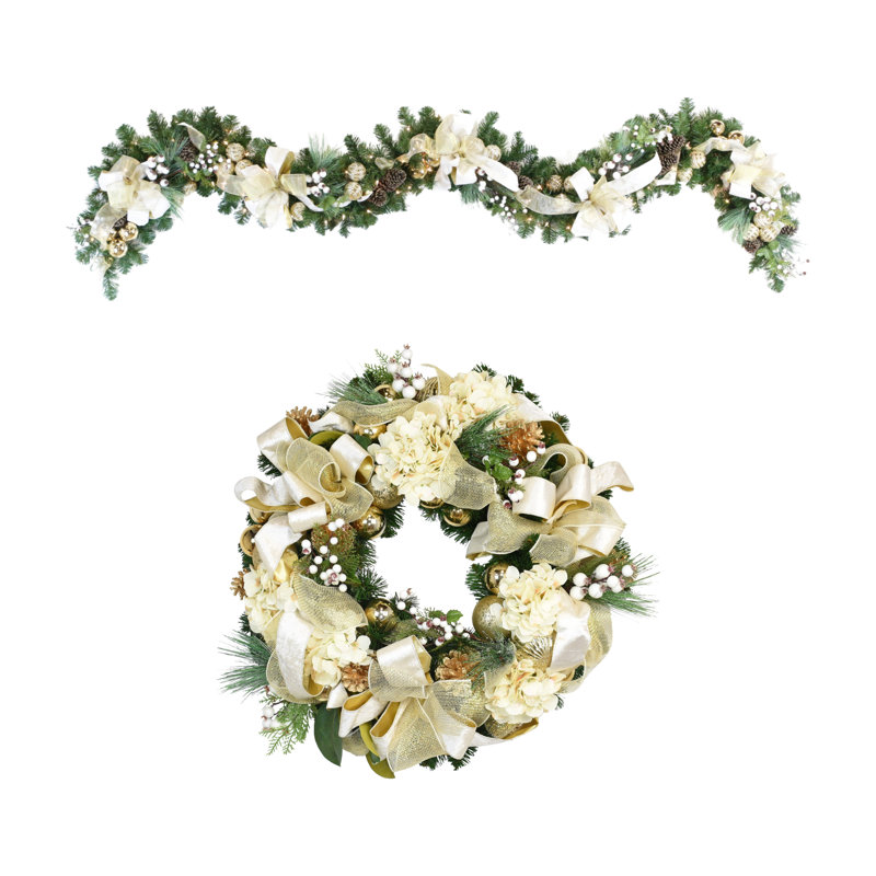 32" Holiday Hydrangea Wreath and 9' Garland