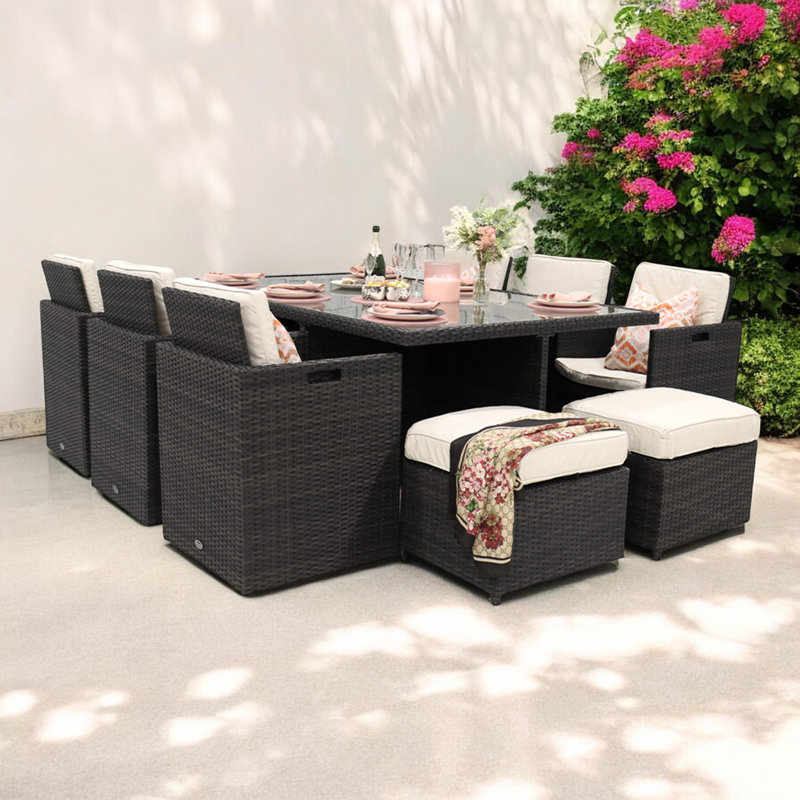 10 - Person Patio Dining Set Umbrella Hole Included Rectangular Table with Cushions Included, Black