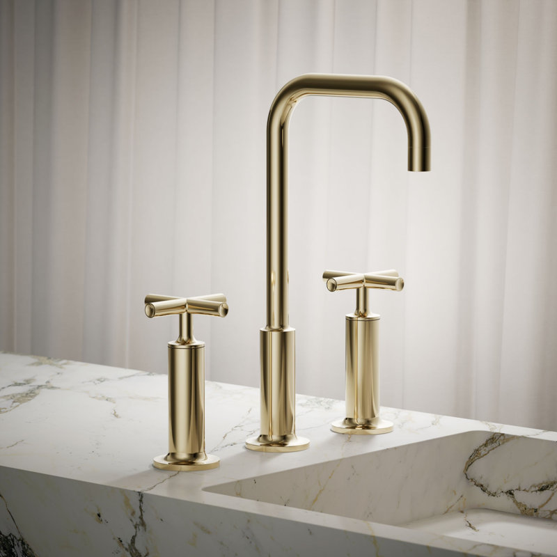 Purist Widespread Bathroom Sink Faucet with High Cross Handles and High Gooseneck Spout, Vibrant French Gold