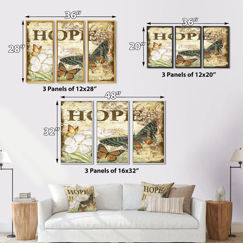 «Inspirational Butterflies Hope - Citation encadrée», ensemble d'art mural sur toile