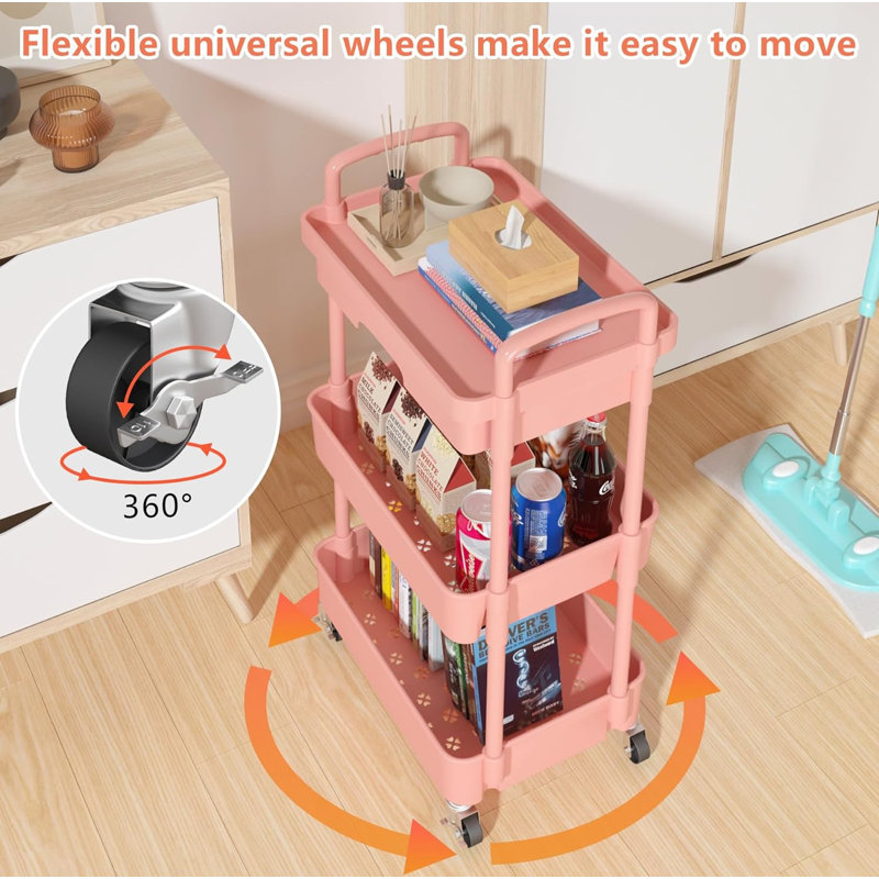 Pink Metal 3-Tier Rolling Utility Cart with Drawer