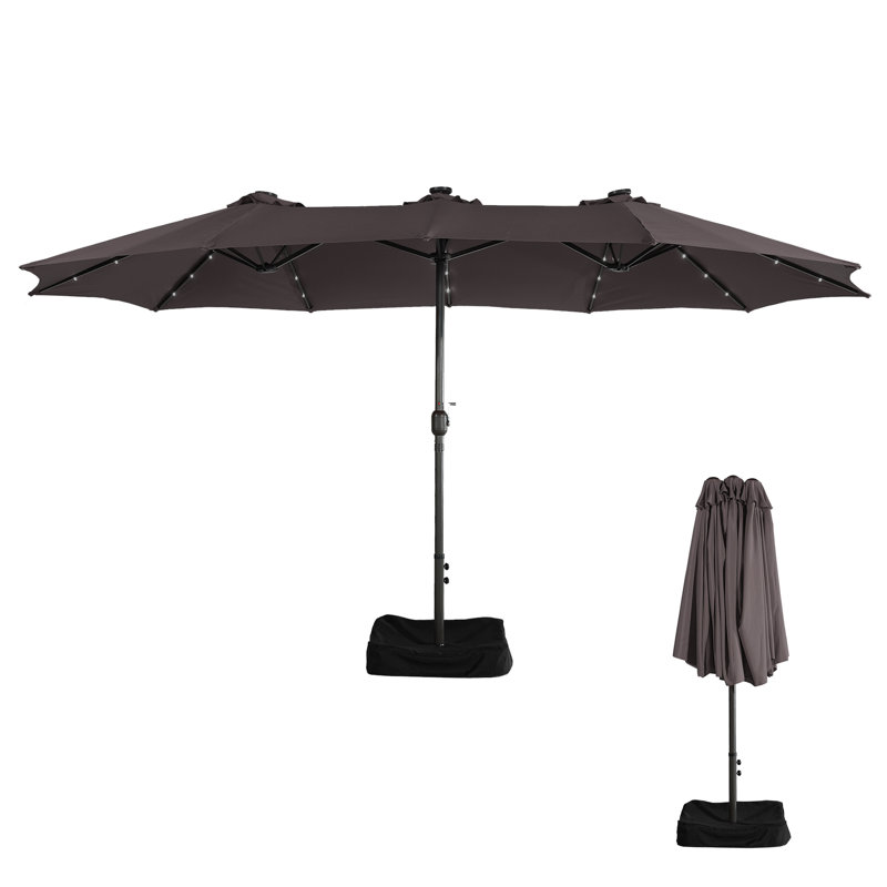 Parasol de patio 15 pi avec base et DEL 15 pi, Brun clair