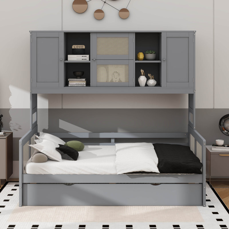 Lit de jour en bois avec couchette coulissante et armoire intégrée, Lit simple, Gris