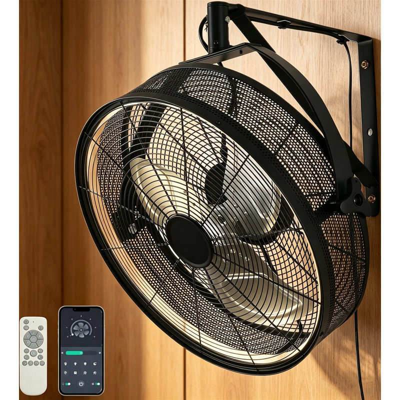 Smart Wall Mount Fan With Light, 6 Speeds APP & Remote Control, 3 Colour Temps Stepless Dimming, Bidirectional Reversible Airflow , For Garage Workshop Patio