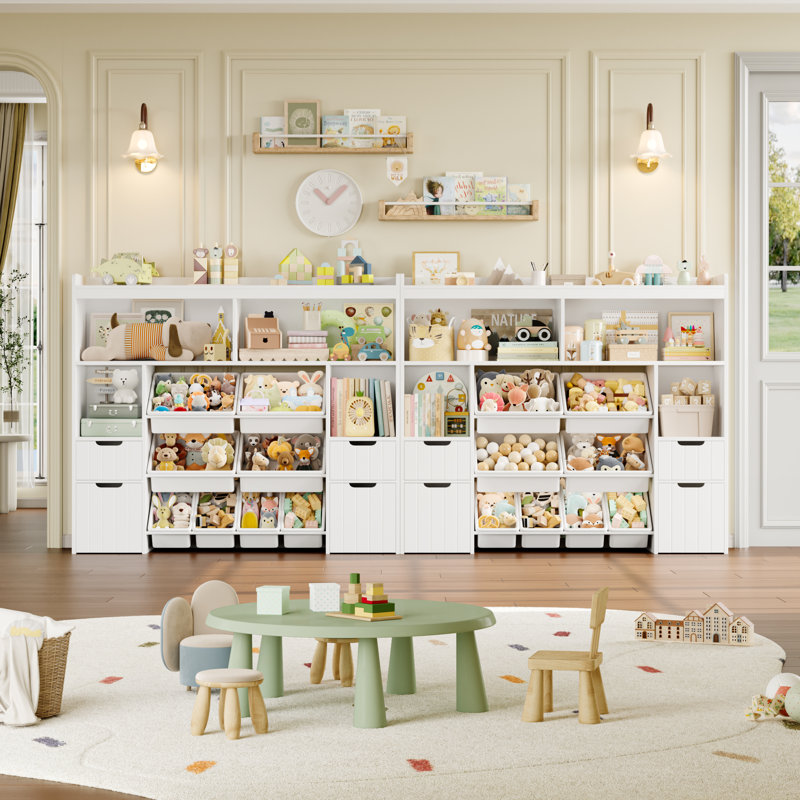 55.1"W Toy Storage Organizer With 4 Drawers & 8 Bins, White