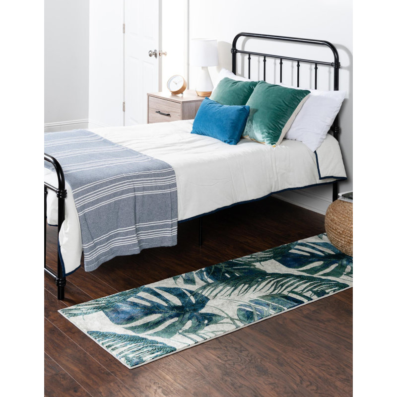 Tapis vert / blanc à motif floral Abira, Tapis de couloir 2 pi x 8 pi