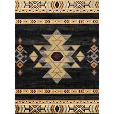Tapis noir avec thème - Tribus Gcyls4004, 7 pi 10 po X 3 po, 100% polypropylène, teinté, pour les activités quotidiennes de la famille et les animaux domestiques Noir, utilisation fréquente, maison aimante