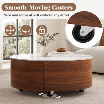 Modern Round Movable Coffee Table with Casters, 2 Drawers and Sintered Stone Top