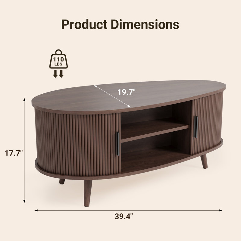 Table basse ovale de rangement Mid-Century avec portes coulissantes Tambour, Noyer