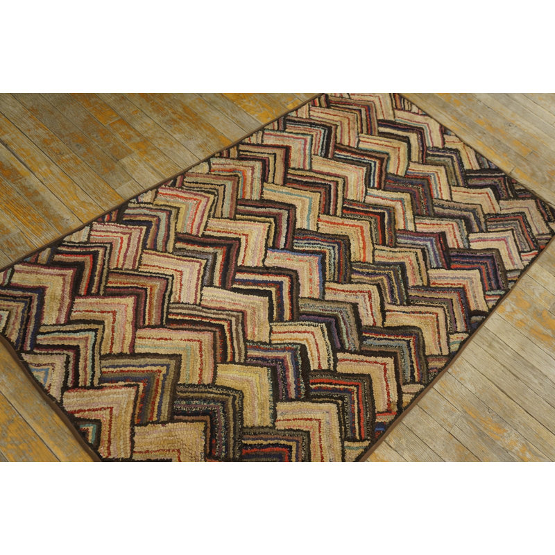 Tapis américain en laine multicolore crocheté antique en laine des années 1920