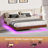 Floating Bed Frame Of King Size With Walnut Shade And Led Lights For Ambiance Creation, Wave - Shaped Wood Texture, Metal Slats Support, No Box Spring Setup, Invisible Suspension Design Concept,-2069853887-2069853885
