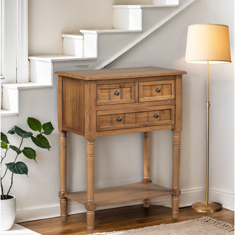 Console Table With 3 Drawers And Bottom Shelf, Natural Wood