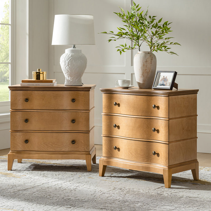 Elfine Transitional 28"W Curved 3-Drawer End Table with Charging Station and Simple Assembly, Teak