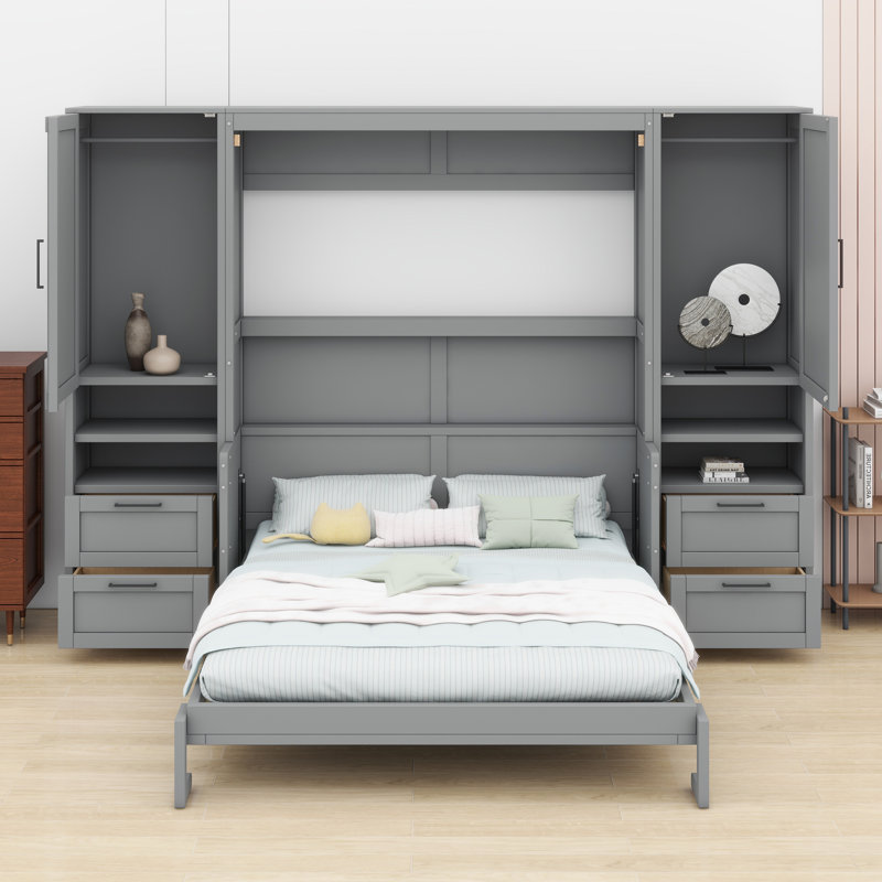 Lit escamotable mural avec placard intégré, tiroirs et tablettes Murphy, Gris, Grand lit