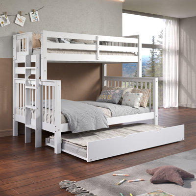 Treva Solid Wood Standard Bunk Beds Twin over Full, 4 Step Ladder, Twin Trundle, White