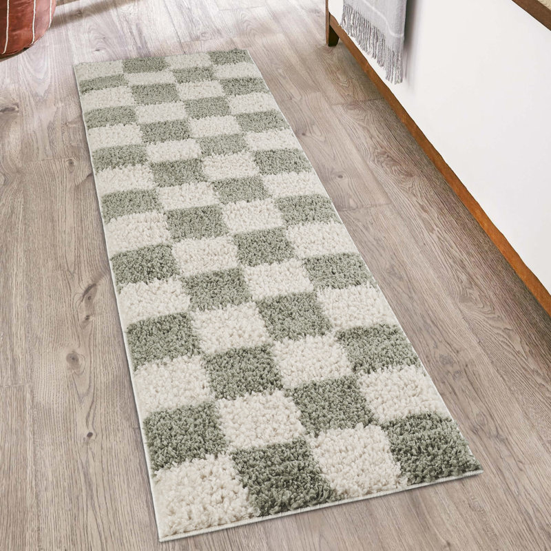 Chester Living Room Shaggy Area Rug Modern - Contemporary Checkered Design 30Mm Plush Pile Jute Backing Soft Woven Carpet -Hallway Indoor Rug, Sage