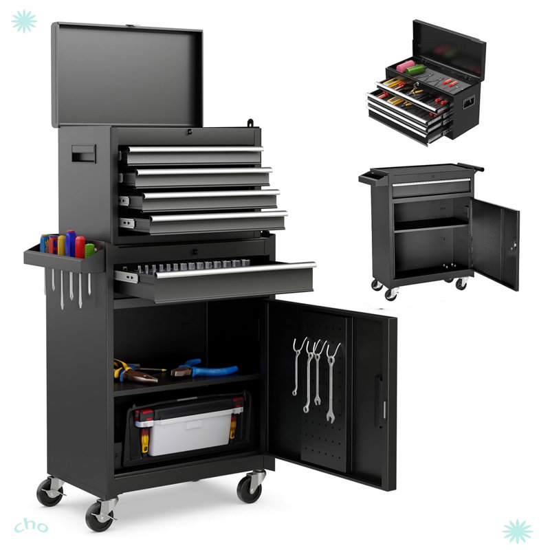 Armoire de rangement à outils à 5 tiroirs avec plateau à outils amovible, Noir