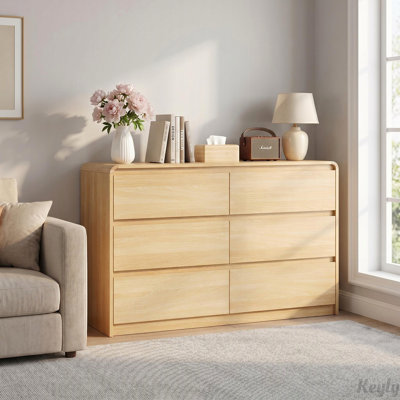 6 Dresser for Bedroom, Modern 6 Drawer Dresser with Spacious Countertop, Wood Storage Cabinet with Concealed Handles & Rounded Corner Design, Wood Dre