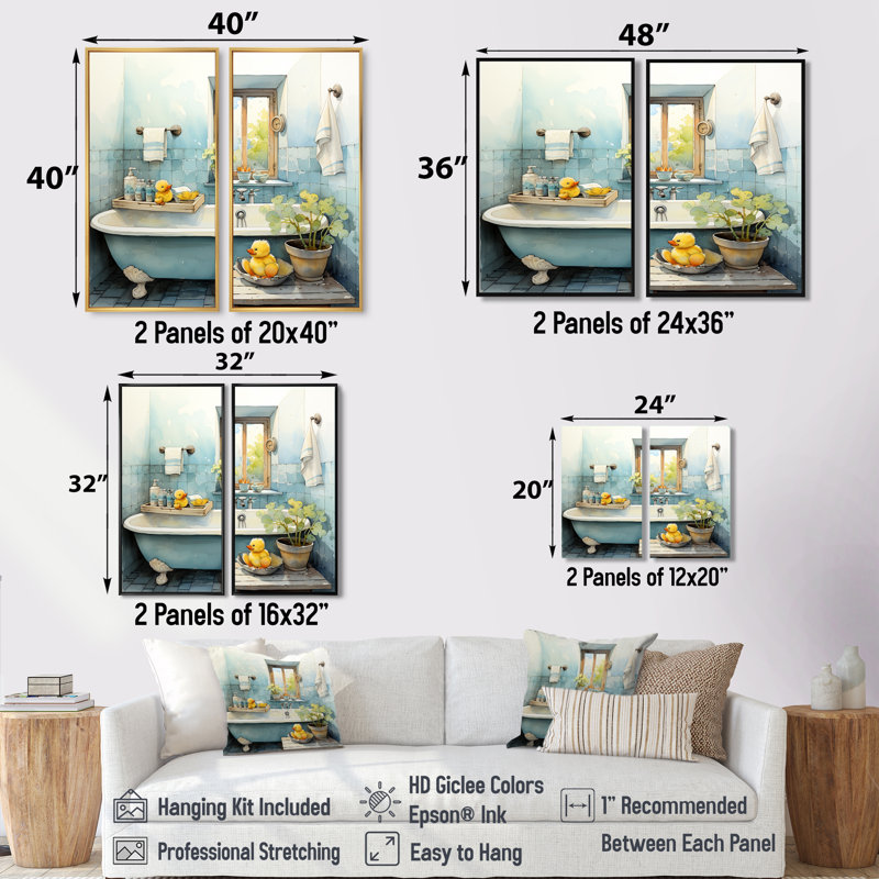«Yellow Duck Bathroom Dip II», reproductions d'art sur toile bleues, 2 pièces, H 20 po x l 24 po, Noir
