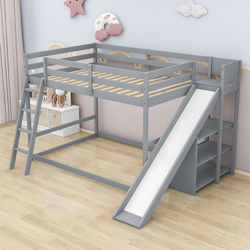 Lit superposé double en bois avec échelle, glissoire et tablettes Jimmie, gris