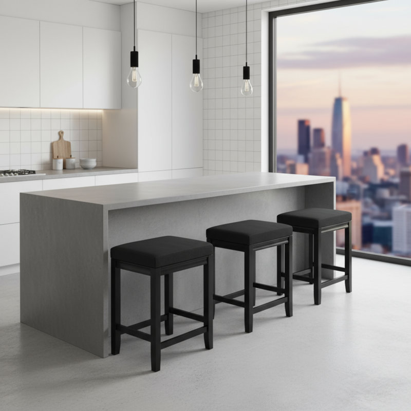 Un ensemble de tabourets de bar de cuisine trois pièces, avec un style campagnard noir moderne, des pieds en bois massif, des coussins en cuir artificiel et aucun dossier; Simple et pratique.