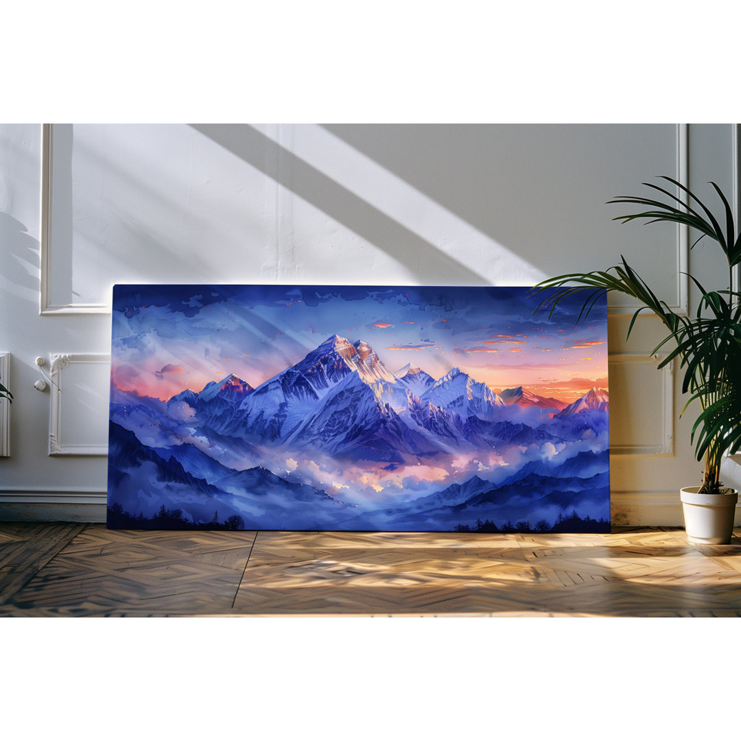 Gerahmtes Bild auf Leinwand 120x60cm Blaues Gebirge Berge Bergspitze Sonnenuntergang