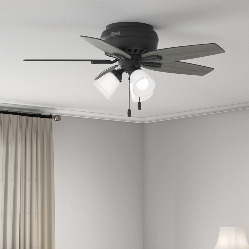 Newsome 42" 5 - Blade Traditional Indoor Flush Mount Ceiling Fan with Lights and Pull Chains, Matte Black