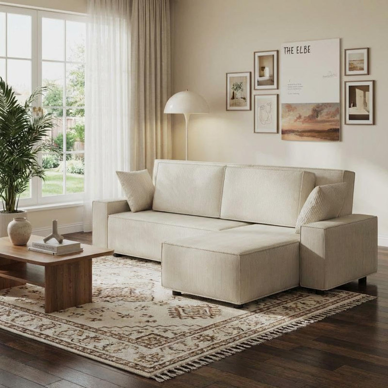 Canapé modulaire en L avec méridienne profonde pour salon et appartement en velours Corduroy, beige, Beige