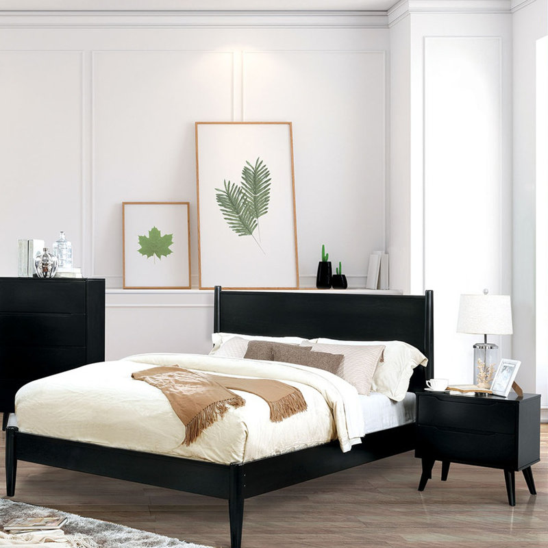 Ensemble de 3 pièces comprenant un lit en bois, 2 tables de chevet et un lit plateforme de style moderne du milieu du siècle.