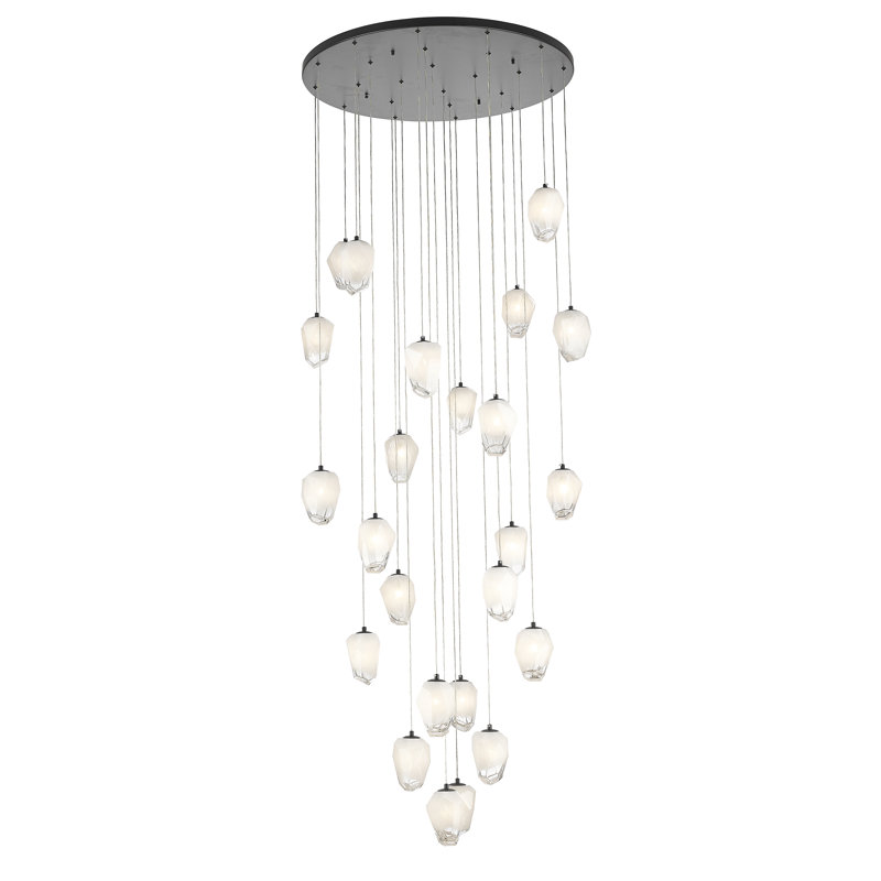 24-Light Black Chandelier With White Glass Pendants, Matte Black