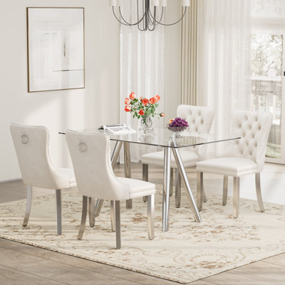 Rectangle Tempered Glass Dining Table Set, Luxury Dining Table with Tufted Velvet Dining Chair for Dining Room
