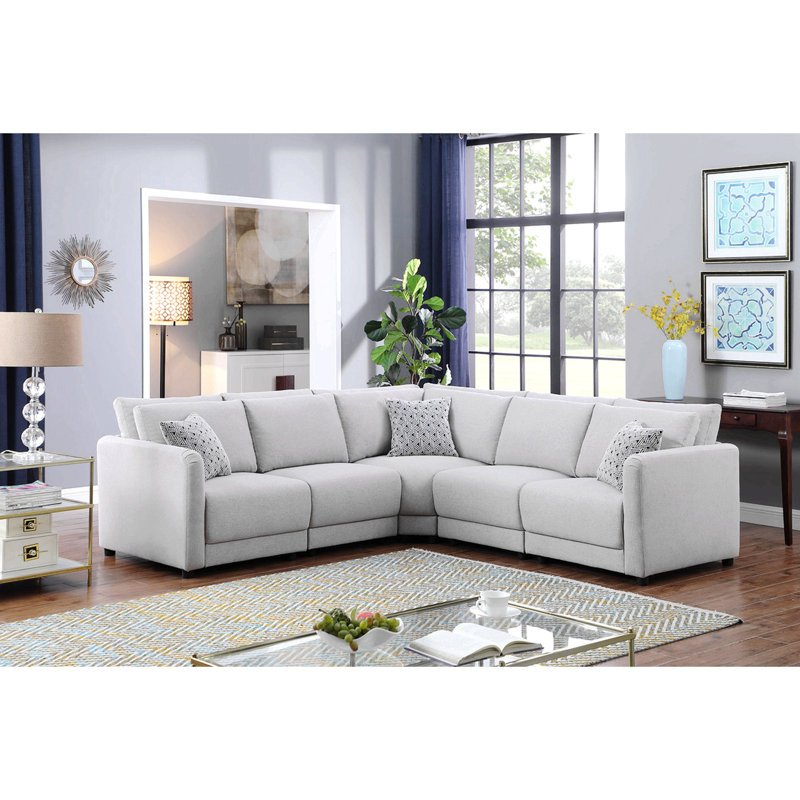 Penelope Light Grey Linen Fabric Reversible L-Shape Sectional Sofa With Pillows