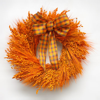 Painted Orange Dried Grains Wreath with Fall Plaid Bow