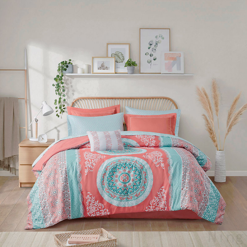 Ensemble d'édredon simple avec draps, Édredon lit simple + 6 pièces incluses, Floral corail