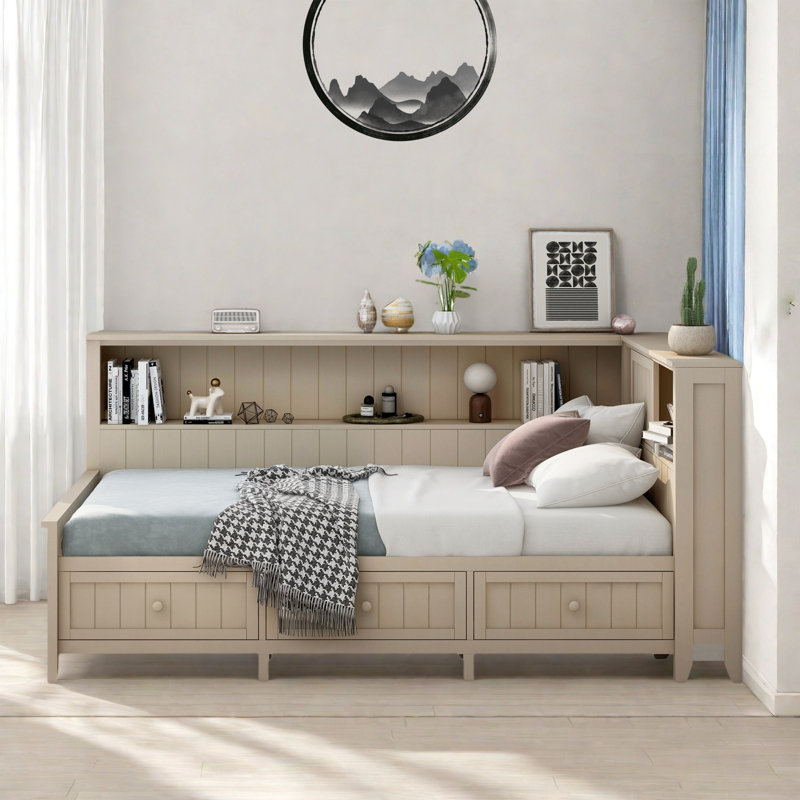 Lit de jour en bois avec tablettes de rangement, portes coulissantes et 3 tiroirs, Lit simple