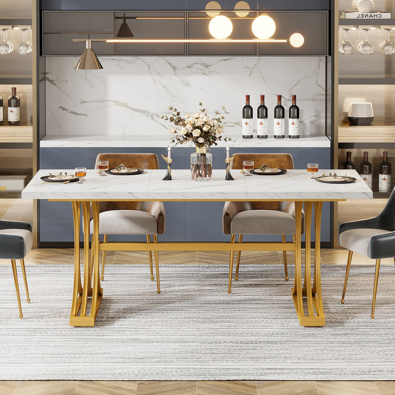 Dining Table, Rectangular, Metal Base, 63 Inch, White Marble, Gold